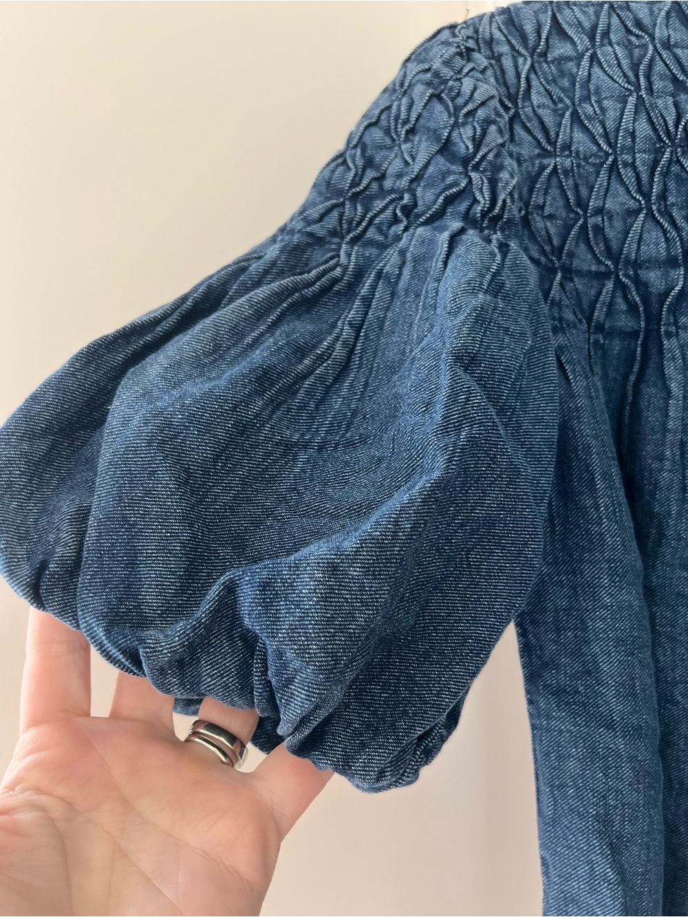 Anthropologie The Lisa Smocked Puff Sleeve Soft Denim Peasant Top in Deep Blue L - Picture 7 of 7
